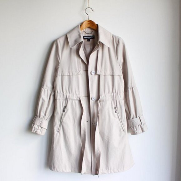 Karl Lagerfeld Cream Ivory Designer Trench Coat Raincoat Jacket (Modified) - Picture 1 of 9